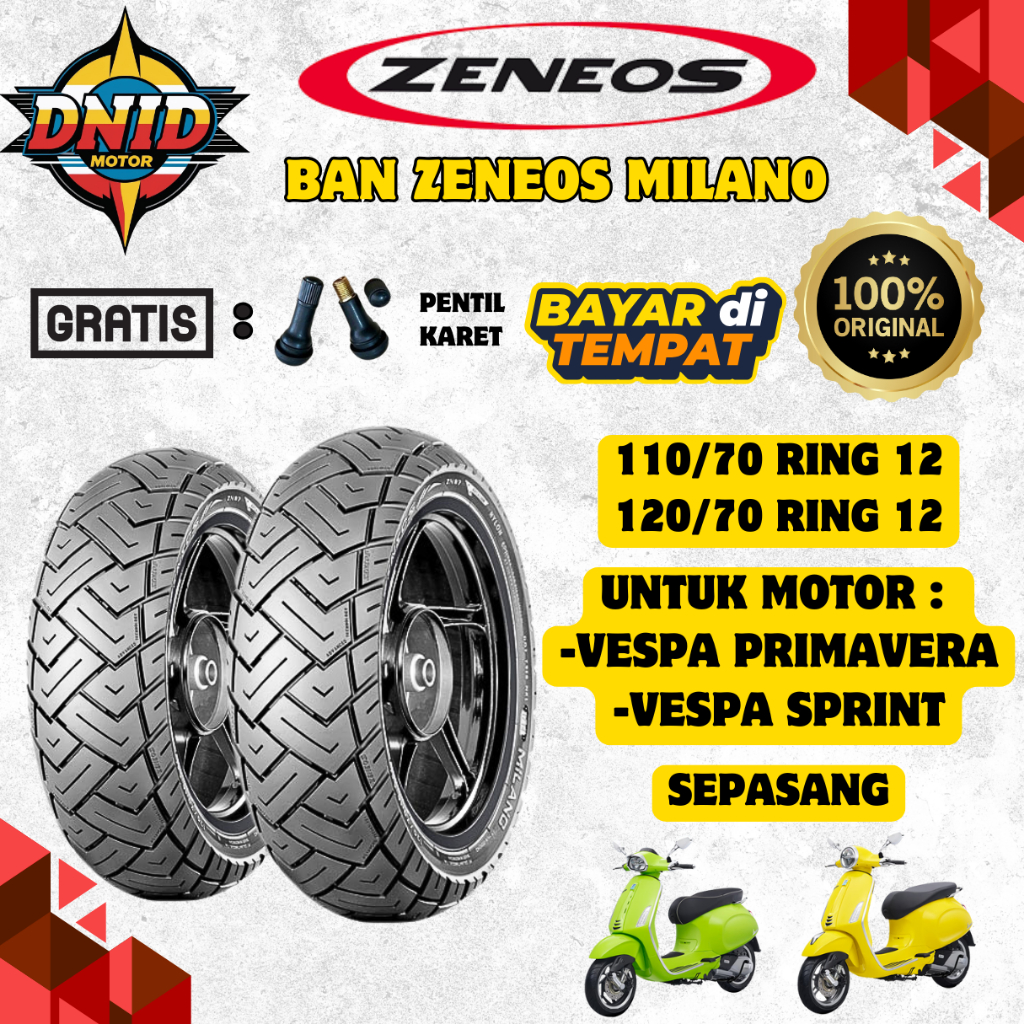 PAKET MURAH SEPASANG BAN ZENEOS MILANO TUBELESS ( 110/70-12 & 120/70-12 ) BAN LUAR DEPAN BELAKANG MO