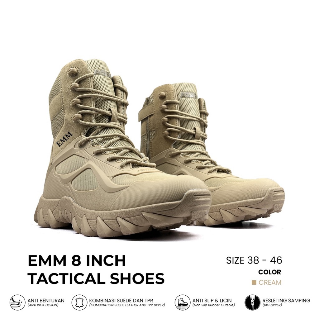 Sepatu Tactical EMM 8 INCH / Sepatu PDL POL PP Cream Hitam / Sepatu Kerja Lapangan