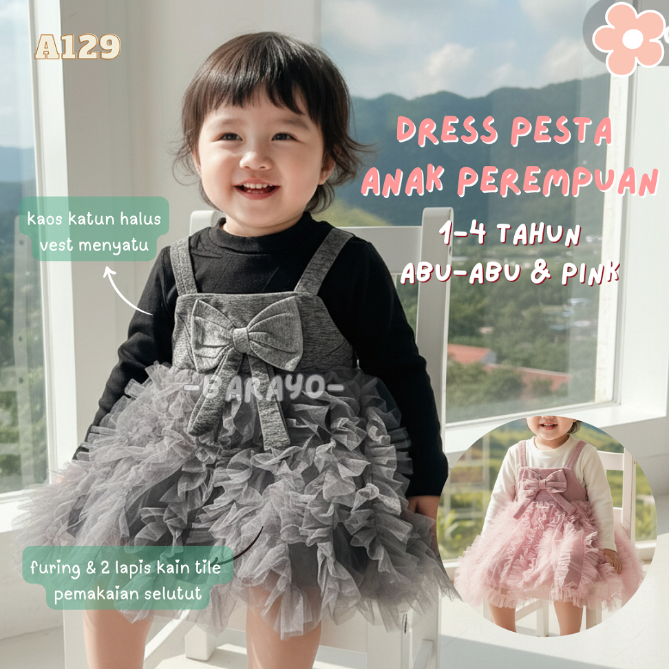 Dress Anak Perempuan Gaun Pesta Baju Fashion Warna Pink Putih & Abu Hitam Kualitas Terbaik A129