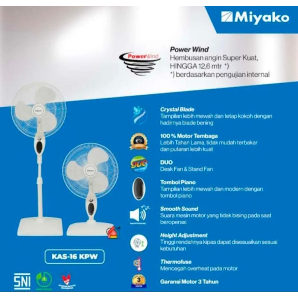 MIYAKO Kipas Angin 2 in 1 KAS 16 KPW 16" inch Kipas Berdiri dan Duduk Miyako KAS16KPW