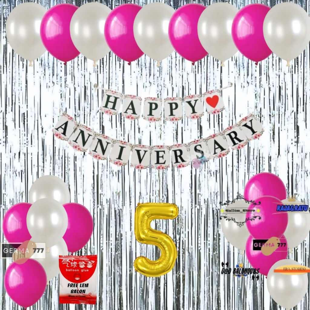 Paket Set Dekorasi Ulang Tahun Pernikahan Banner Happy Anniversary Putih Tirai Silver