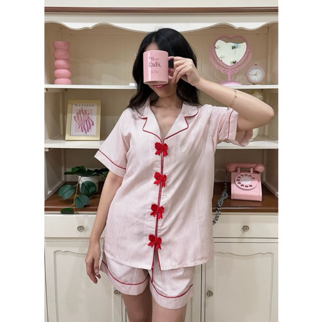 [ OFFDAYS ] Cherie Bowie Pajama Set | Baju Tidur Pita | Ribbon Pajama Set