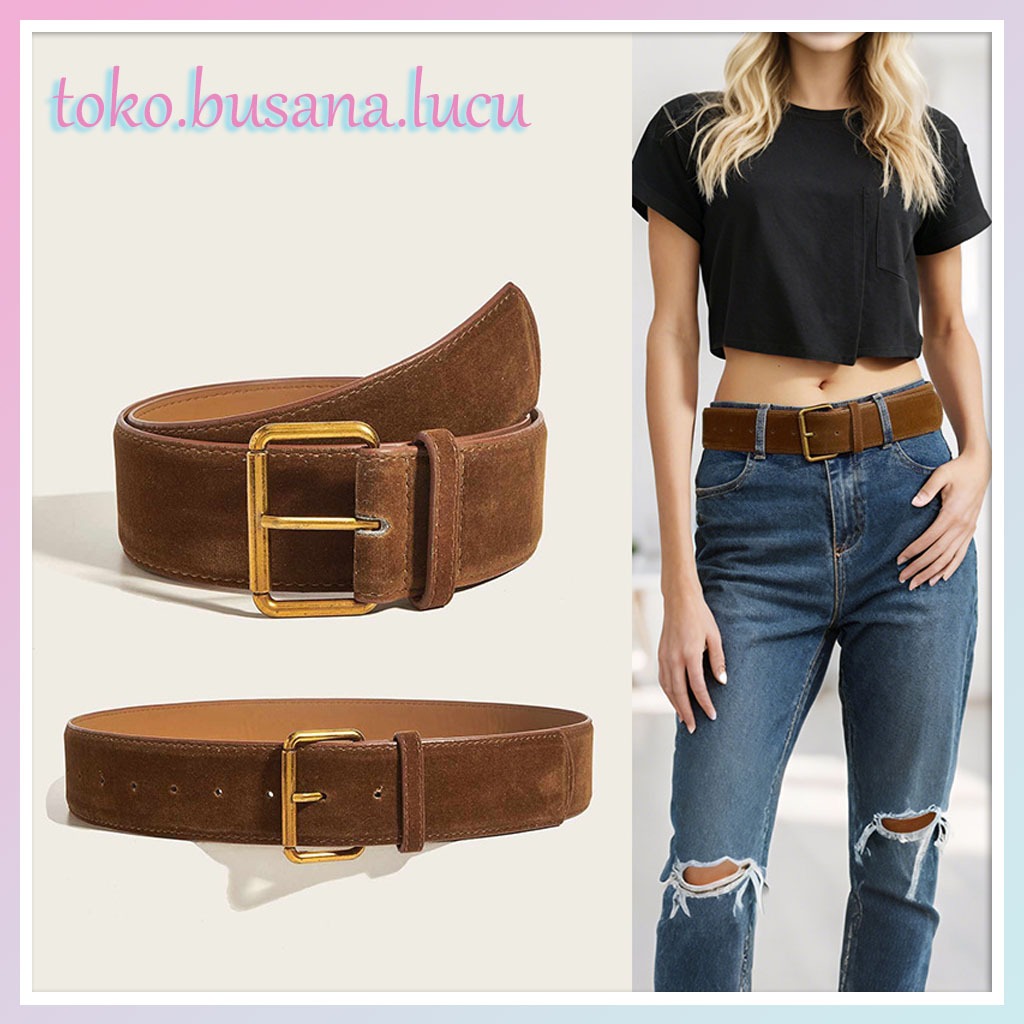 Panjang 108cm/Lebar 4.8cm | Amerika Ikat Pinggang Lebar Kulit PU Suede Gesper Wanita Sabuk Cokelat F
