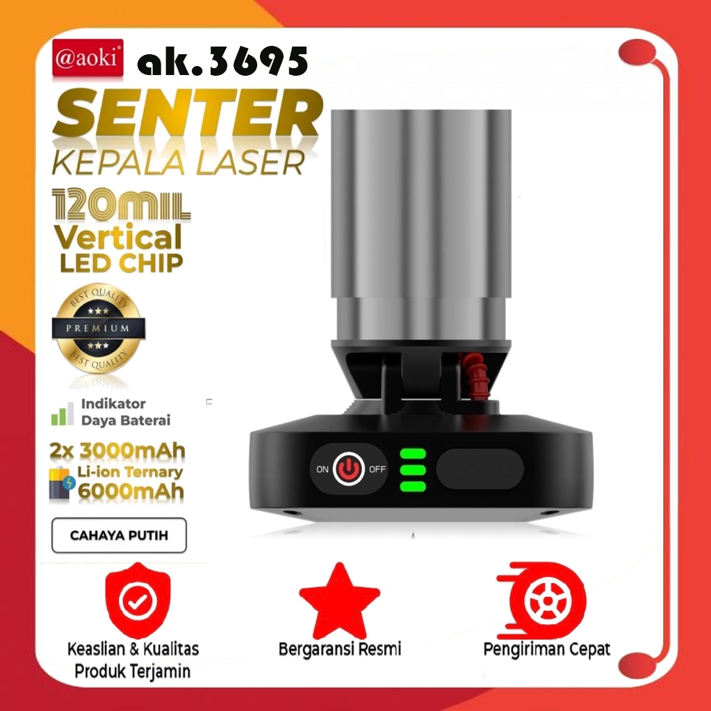 SENTER KEPALA LED LASER AOKI AK-3695A 80WATT 1300 LUMEN BATERAI 6000MAH - ZOOM JARAK JAUH