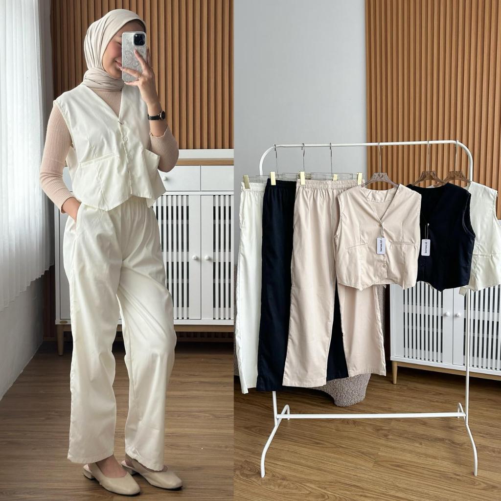 NEVIA SET VEST | Setelan Wanita polos | Rompi + Celana | Set Vest