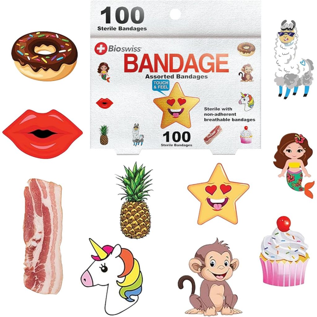 BioSwiss Kids Bandages, Assorted Animal, Fun, and Food Shaped Self Adhesive Bandage Set, Latex Free,
