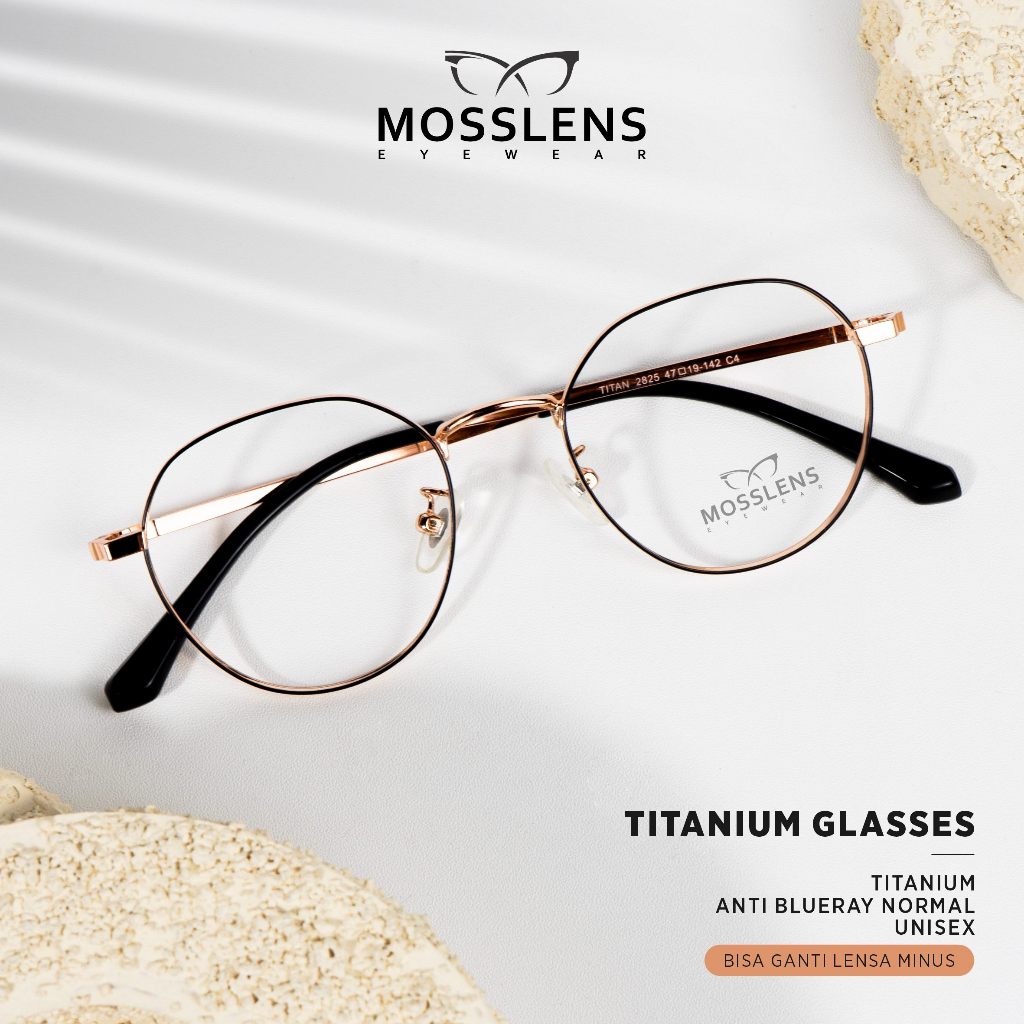 Mosslens Kacamata Anti Blue Light Photocromic Model Geometric Titanium Ringan Minus 2825