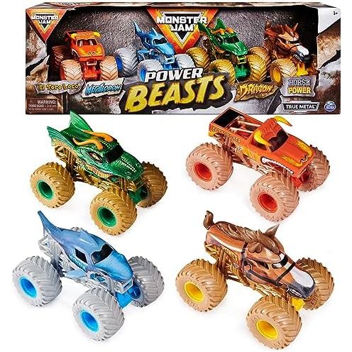 Monster Jam, Power Beasts 4-Pack Monster Trucks (El Toro Loco, Megalodon, Dragon and Horse Power