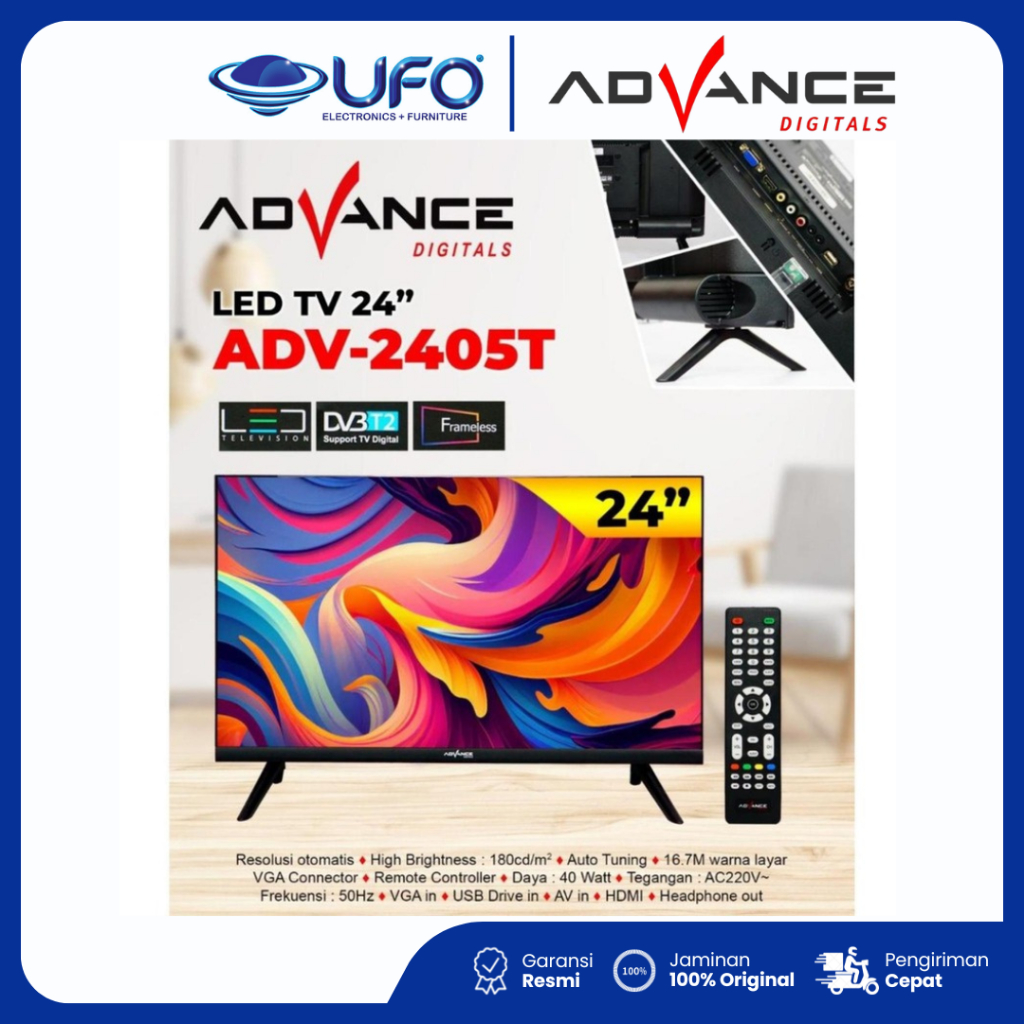Advance TV ADV-2405T Led Digital 24 Inch HD Support Antena Digital DV3/T2 Garansi 3 Tahun