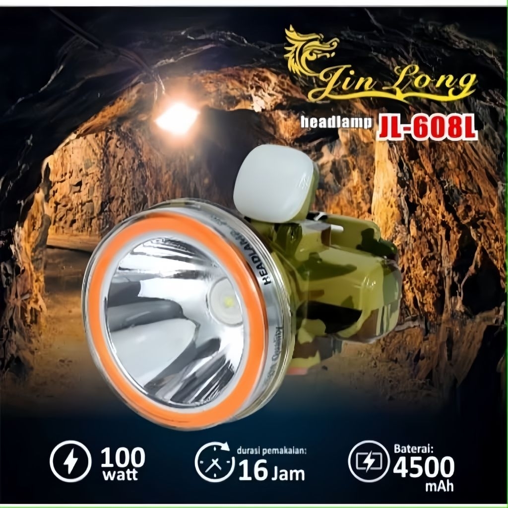 Senter kepala jinlong cas jl 608L 100watt cahaya putih super terang/Senter kepala cas besar/senter k