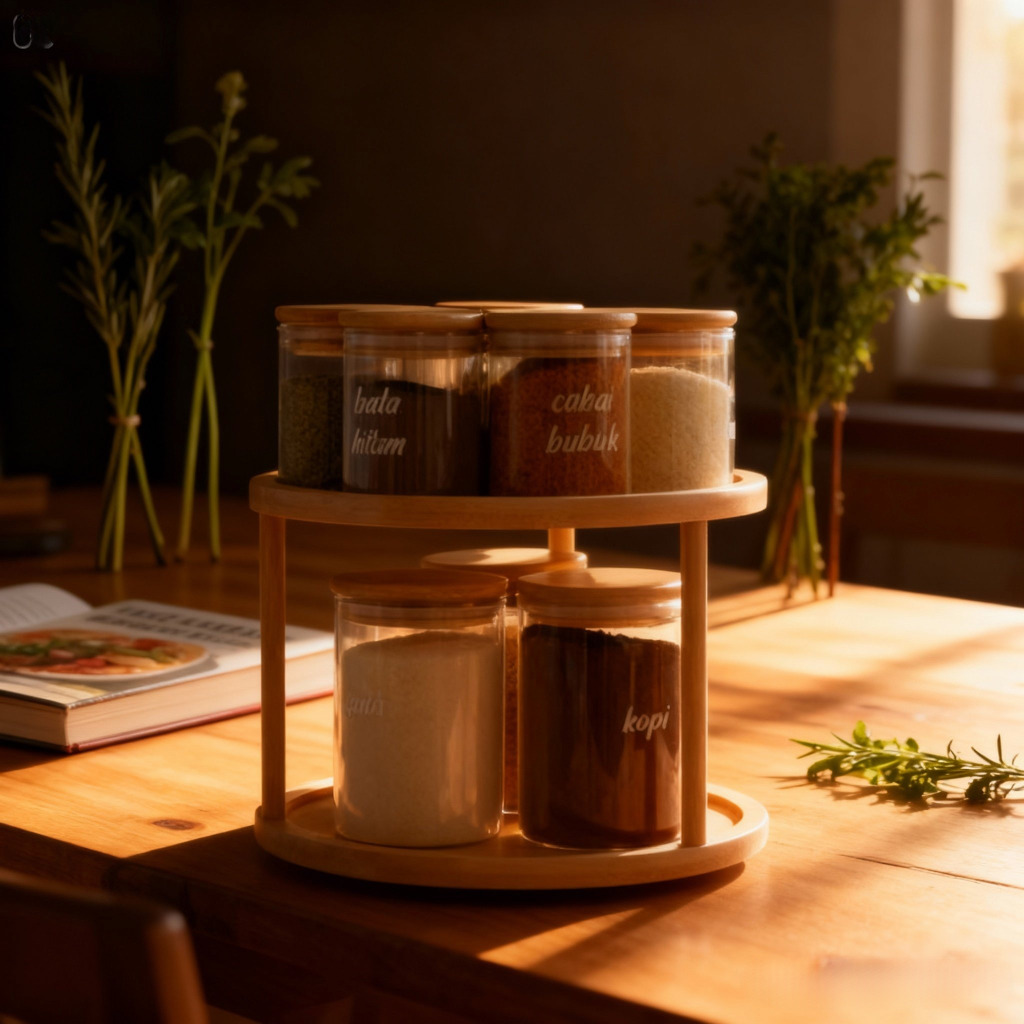 Rak Dapur Tempat Toples Bumbu Kayu 2 Tingkat Rak Kayu Serbaguna Rak Bumbu Dapur Estetik