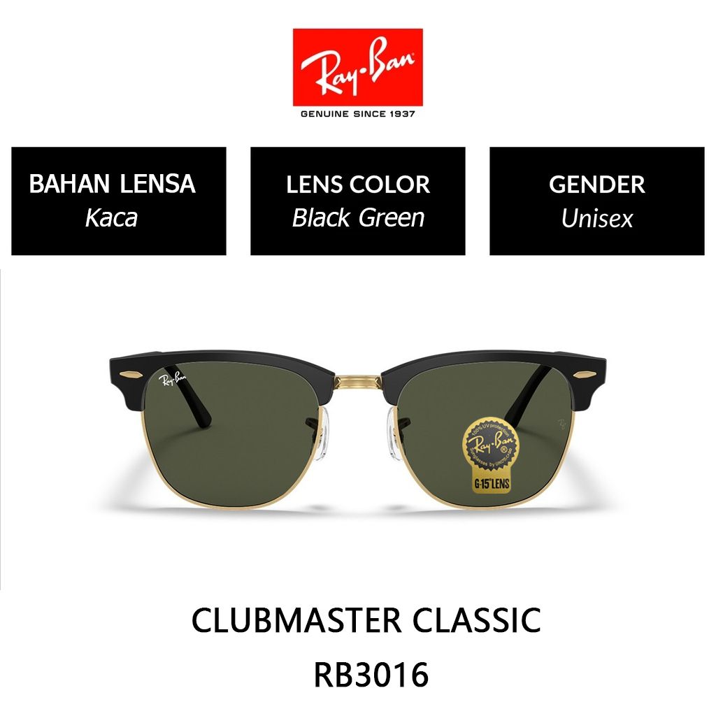 Kacamata Hitam RAY-BAN Clubmaster | RB3016 | Global Fitting | Sunglasses | 51mm Gold Black Green Ori