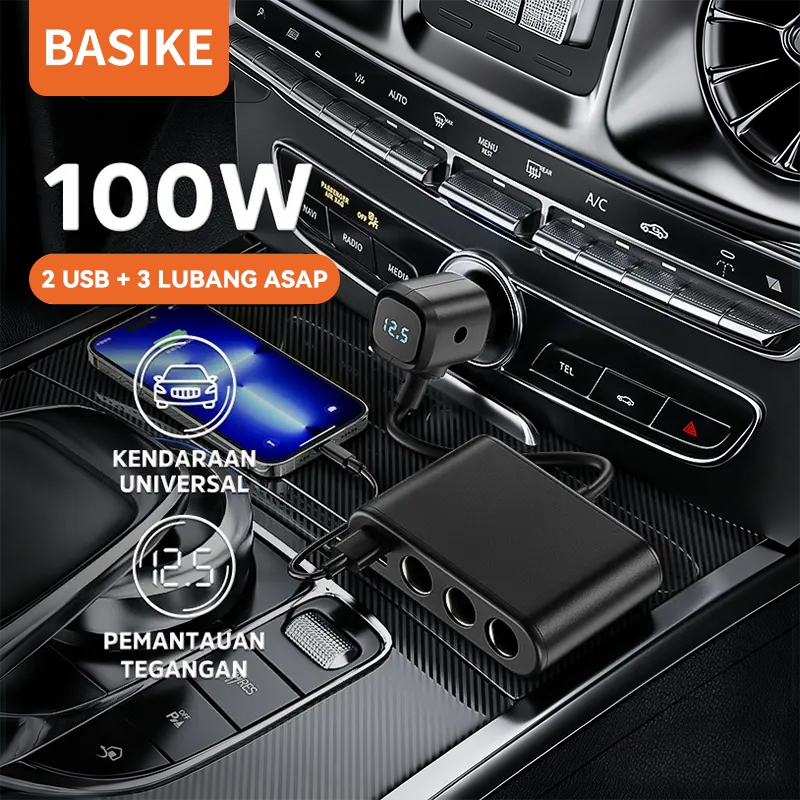 (HOT)BASIKE Car Charger Colokan Mobil Motor 5 Ports Fast Charging100W Multifungsi 3 Lubang Socket