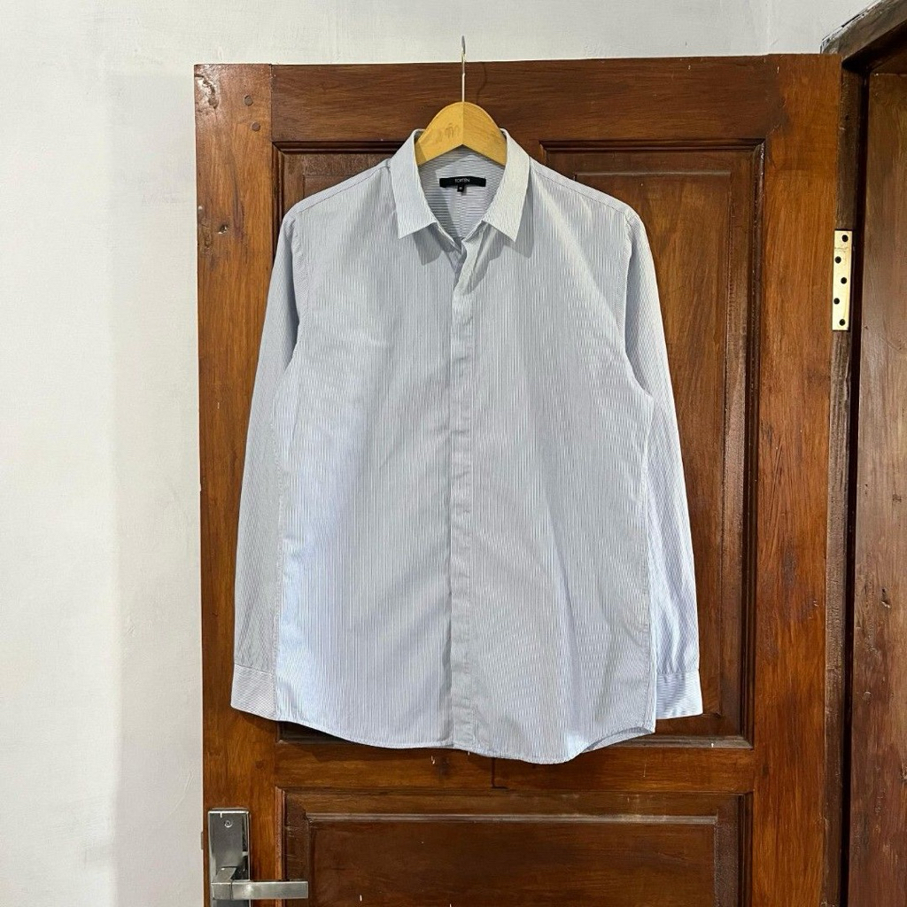 [M] TOPTEN Formal Stripped Cotton Long Sleeve Shirt I White Blue I Vintage Vtg Retro Kemeja Garis-ga