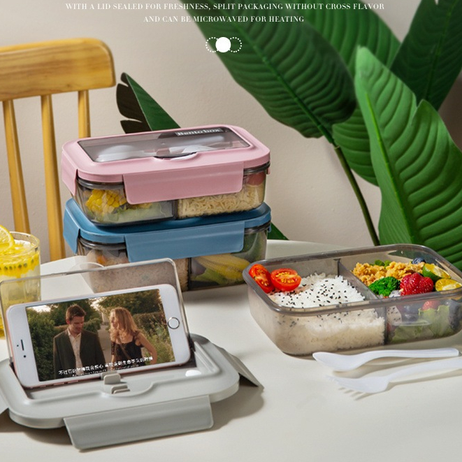 Kotak Makan Lunch Box Bento 2 Sekat Transparant Sendok Garpu 1000 ml