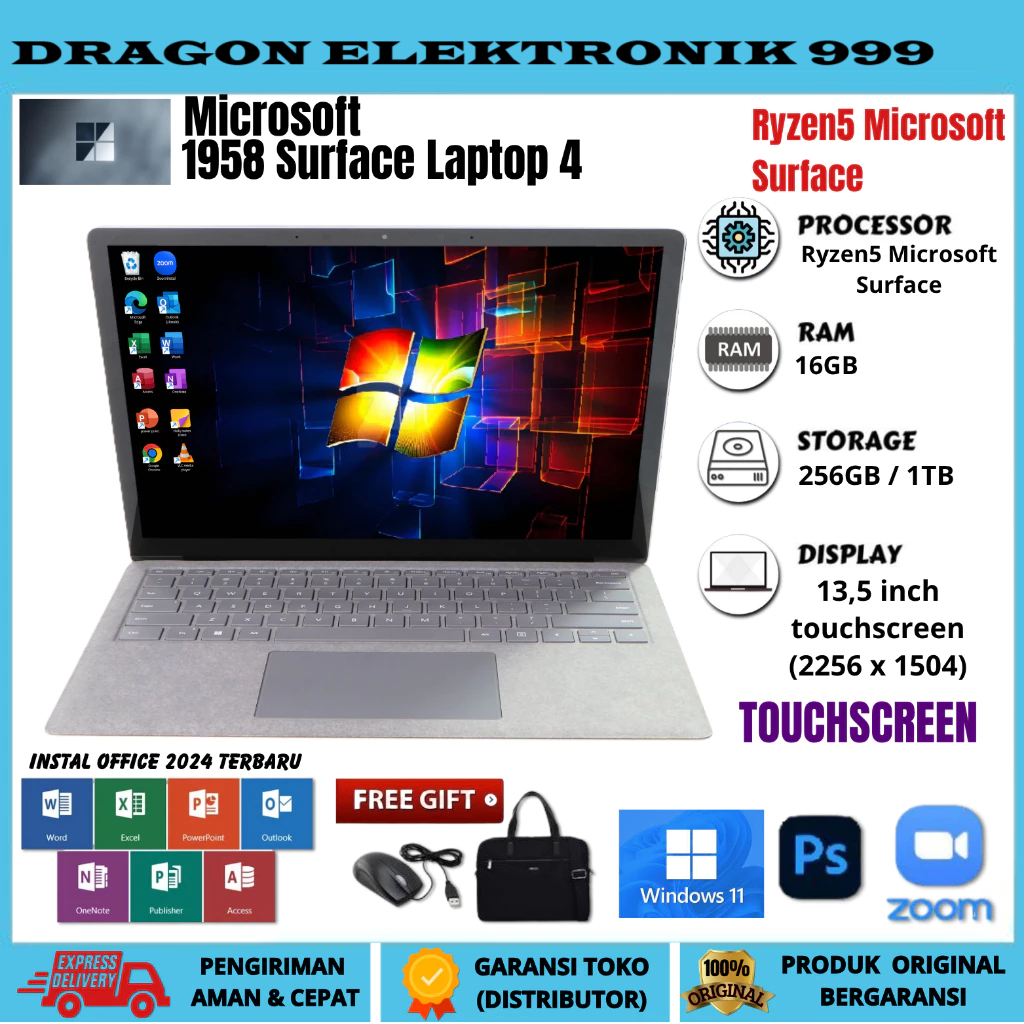 LAPTOP MICROSOFT SURFACE LAPTOP 4 TOUCHSCREEN AMD RYZEN 5 RAM 16GB SSD 256GB FREE TAS DAN MOUSE