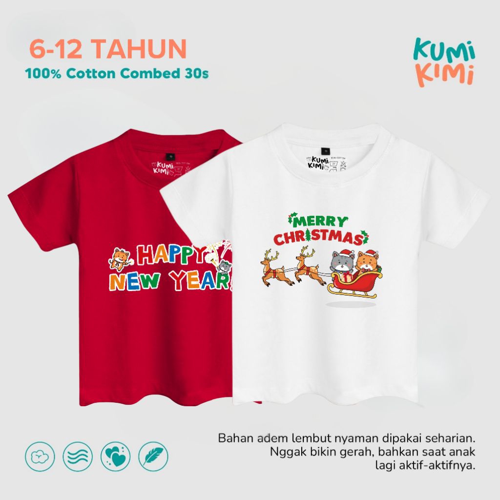 Kaos Anak Natal dan Tahun Baru Baju Anak Laki-laki dan Perempuan Usia 6-12 Tahun