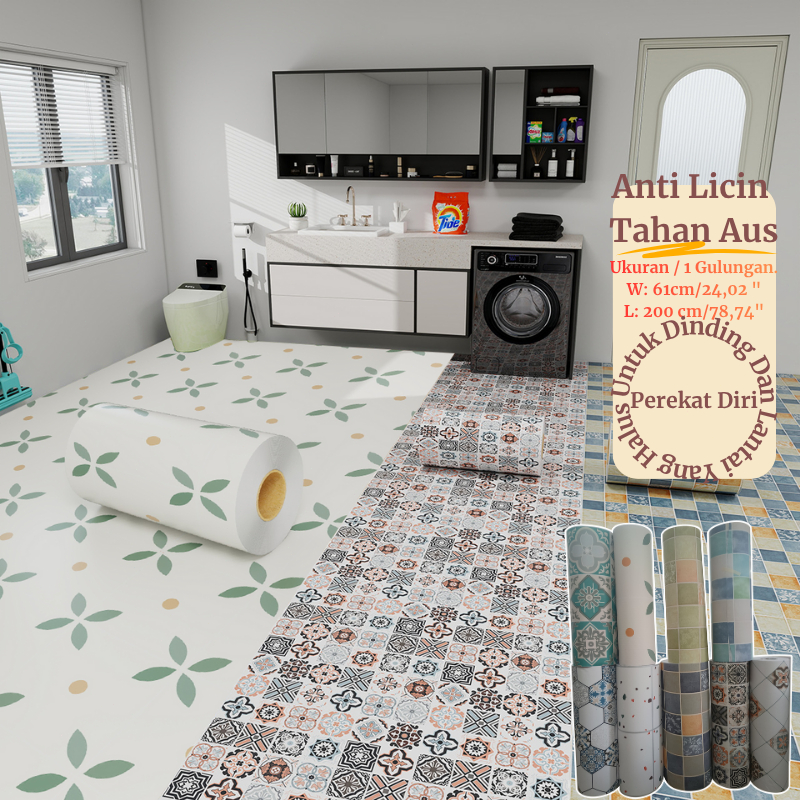 Stiker Lantai Anti Selip 60x200cm PVC Tebal Motif Bunga Tahan Air & Kotoran Cocok untuk Dapur & Toil