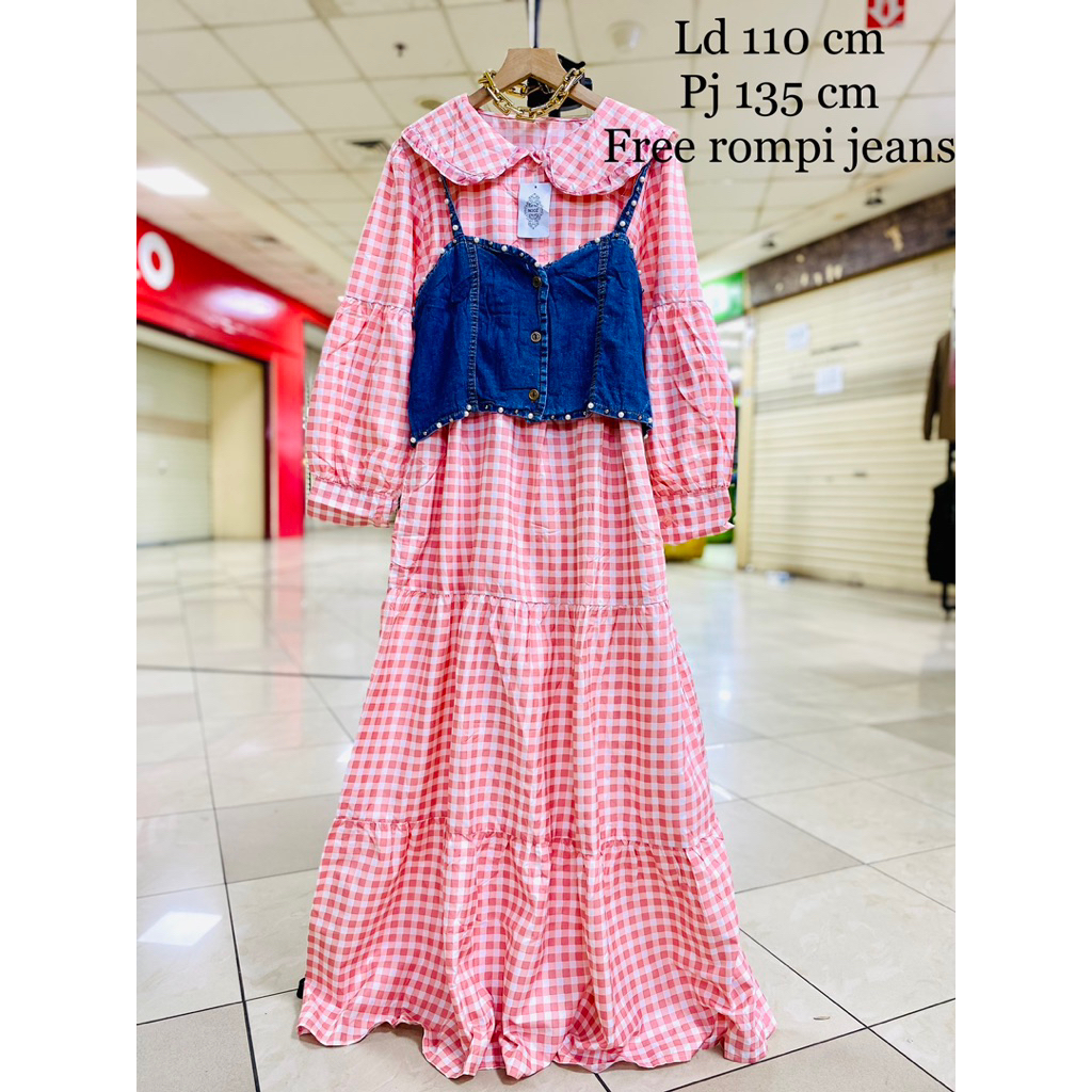 Gamis cantik free belt dan rompi jeans mutiara