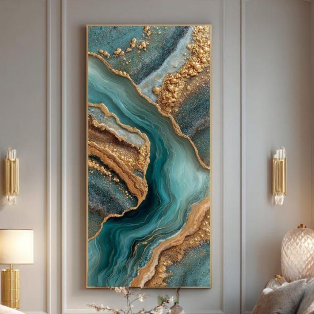 lukisan elegant gold inn green modern,lukisan abstrak mewah