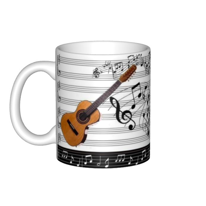 Mug Kopi Musik Gitar Akustik dengan Notasi Musik Hitam Putih  Gelas Keramik