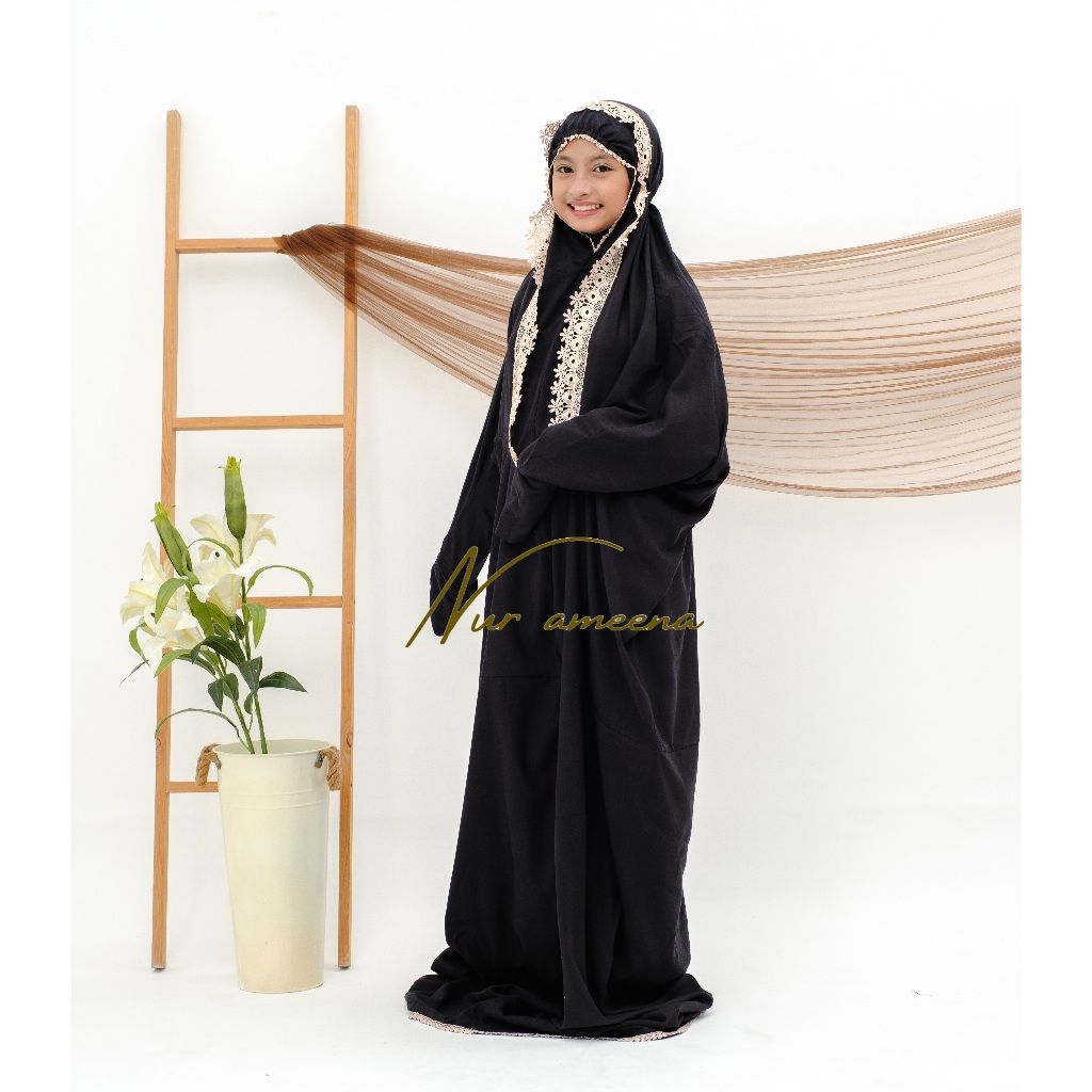 Mukena Terusan Anak Remaja Tanggung Terusan Traveling Renda Polos Katun Premium Bahan Adem Free Tas