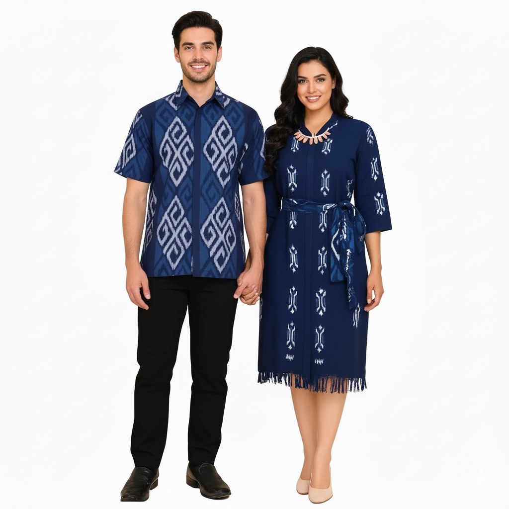 Tenun Outfit Baju 1 Set Couple Dress dan HemCowok Bareng Doi/Pasangan Kondangan/Lamaran/Prewedding K