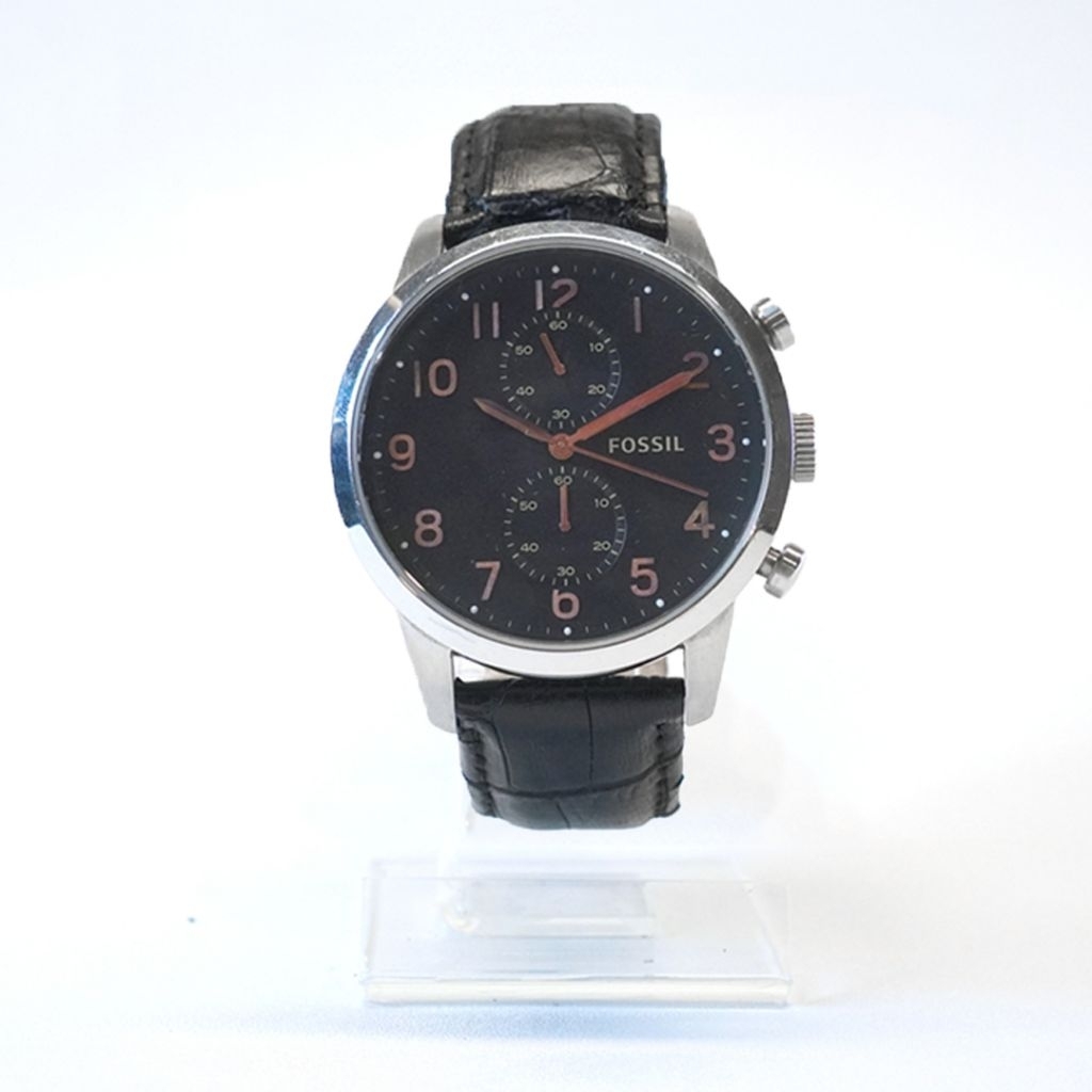 [PRELOVED] Fossil Jam Tangan Pria Townsman Black Dial SS Brown Leather Chrono Quartz Mens Watch FS48