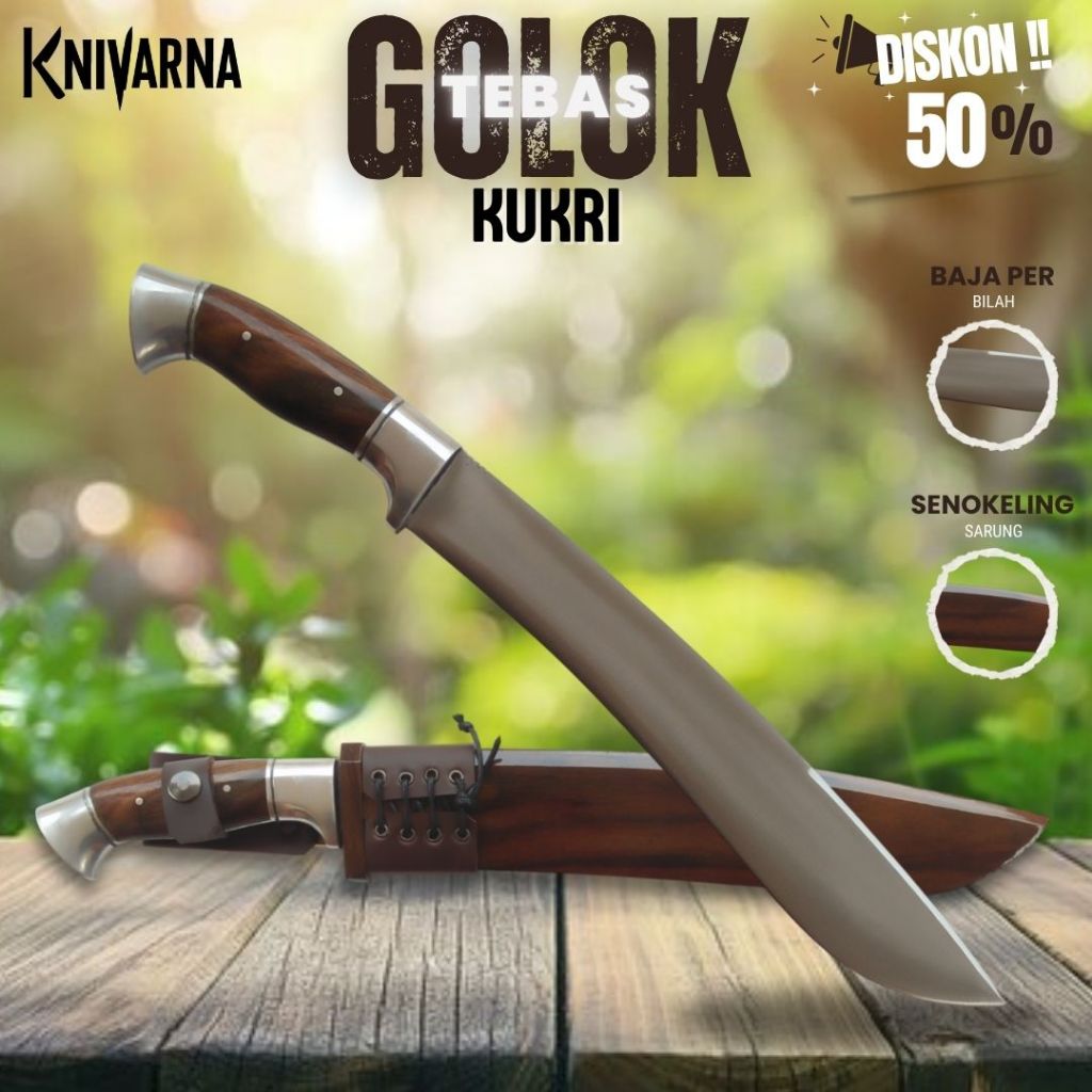 Pisau Tebas Kukri Baja Full Tang Kayu Senokeling Songket