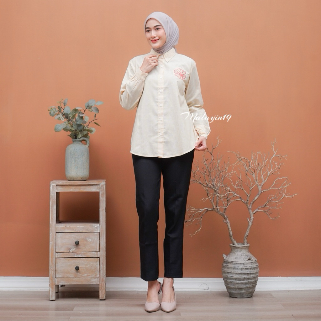Malayin19 Sooya Atasan Embroidery Shirt Stripe Top Wanita Casual Basic