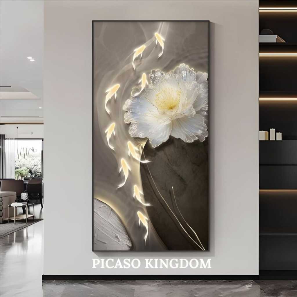 Lukisan Porcelain Diamond 5D Painting Hiasan Dinding Mewah - Ikan KOI Bunga Mewah Hoki - Bingkai Alu
