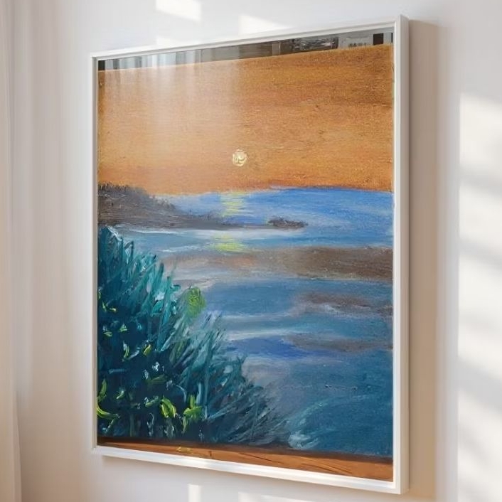 lukisan pemandangan lautan  bulan terbenam