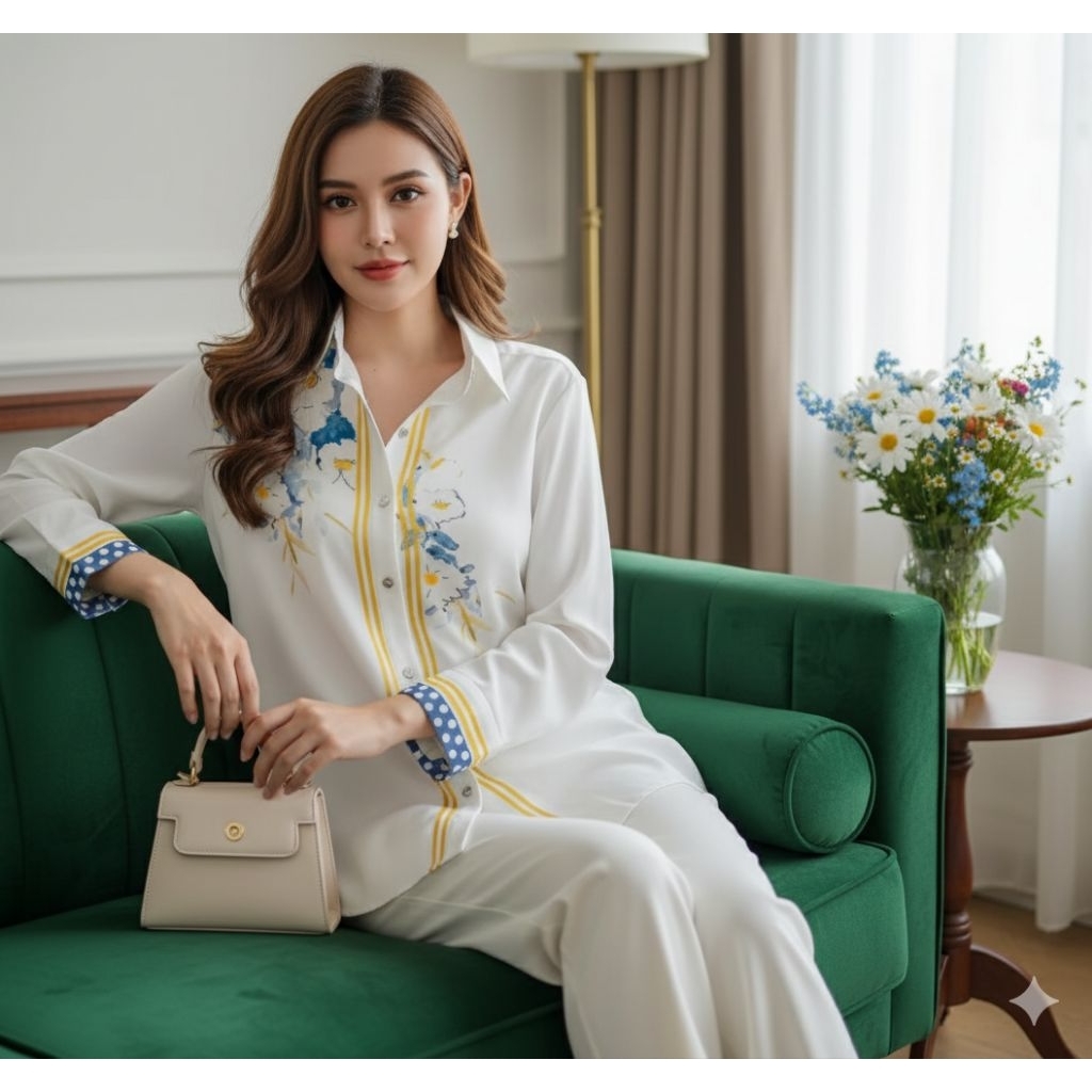 Kemeja Blouse Silk Premium Motif Floral Garis Kuning / Kemeja wanita​ terpopuler / Baju kemeja wanit