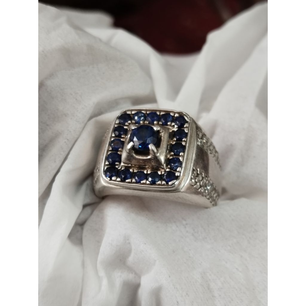 cincin royal blue saphire cyelon srilangka stempel ring perak handmade microseting