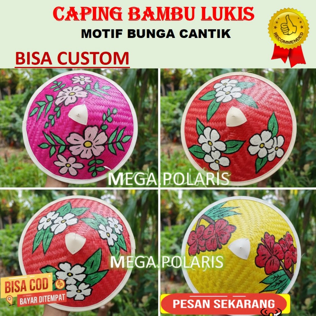 Caping Petani Motif Bunga l Tudung Topi Caping Lukis l Caping Bambu Hias Motif Unik