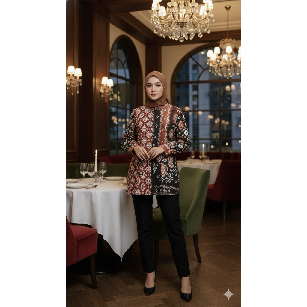 Blouse Batik Kombinasi Jumputan Motif Titik Tujuh