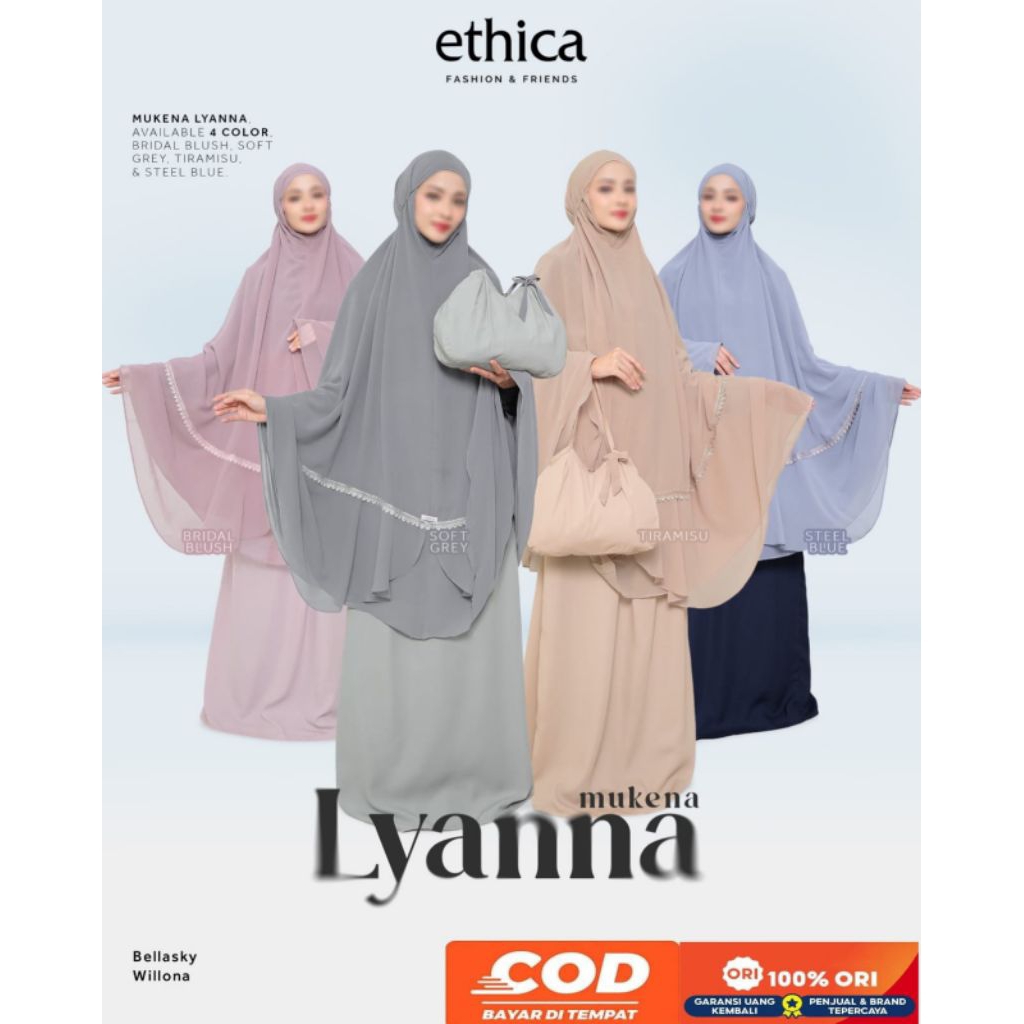 Mukena ETHICA Lyanna Bridal Blush ,Soft Grey ,Tiramisu ,Steel Blue/Mukena Ethica Terbaru 2025