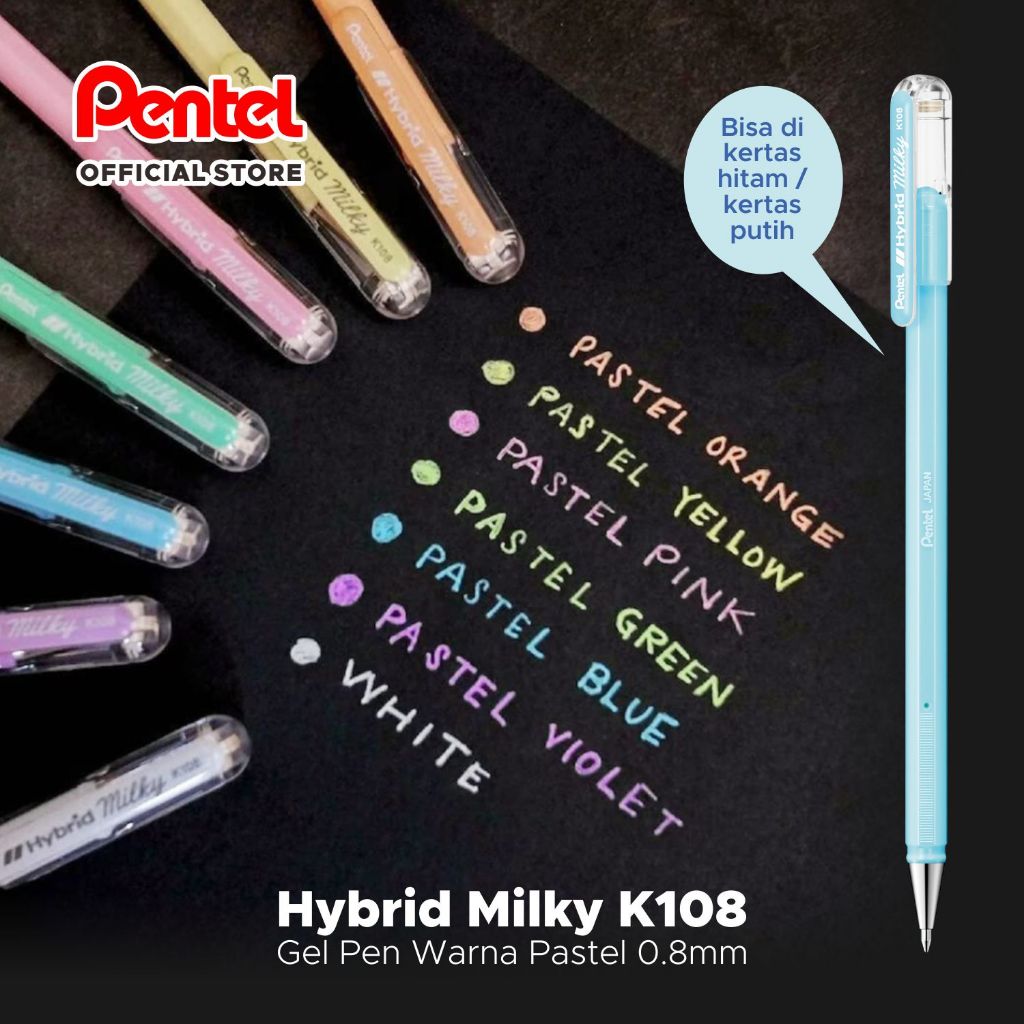 Gel Pen Warna Pastel Pentel Hybrid Milky Roller Gel Pen 0.8mm, Pulpen Lucu, Pulpen Warna pastel