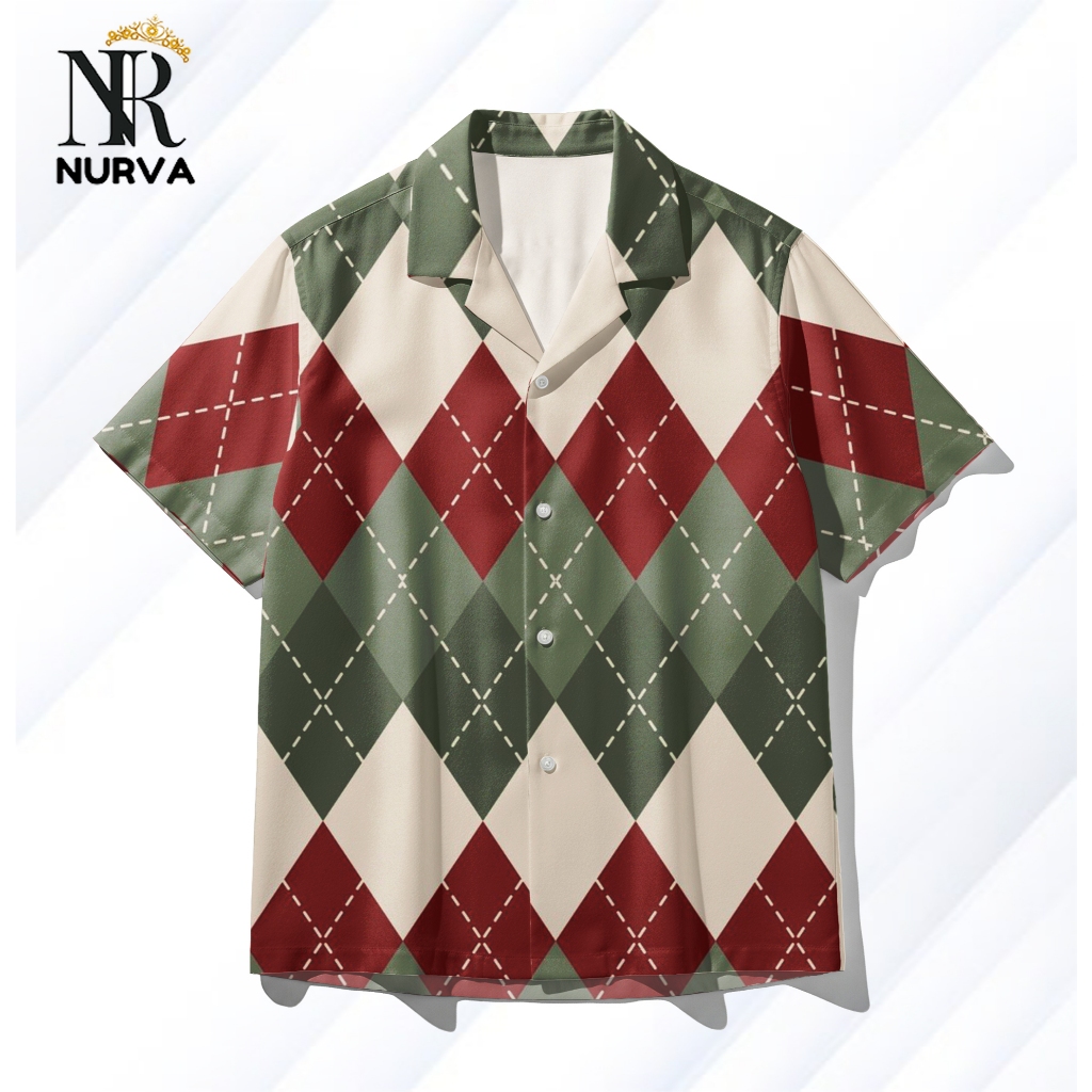 NURVA Kemeja Full Print Argyle Pria dan Wanita Motif Diamond Merah Hijau Natal– Kemeja Casual Preppy