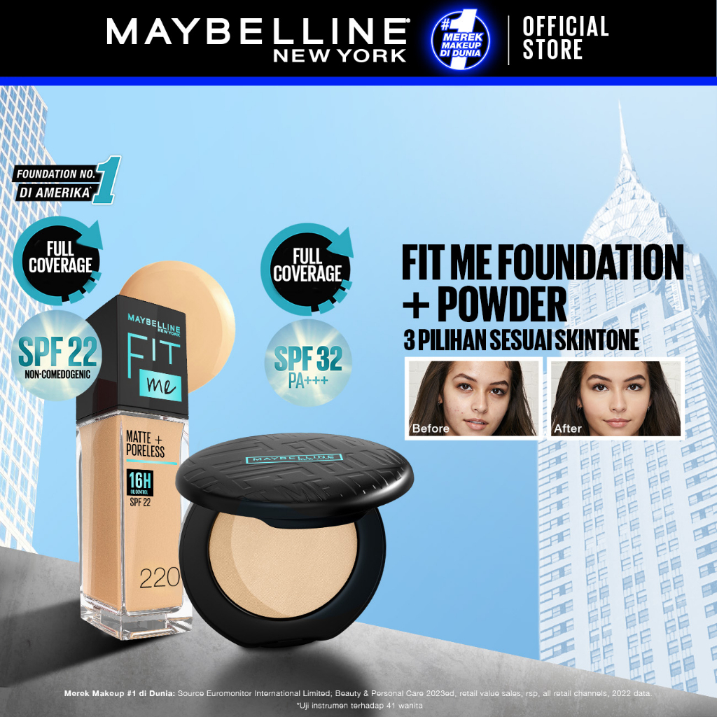 MAYBELLINE OFFICIAL Paket Makeup FIT ME Compact Powder + FIT ME Liquid Foundation FREE GIFT | Oil Co