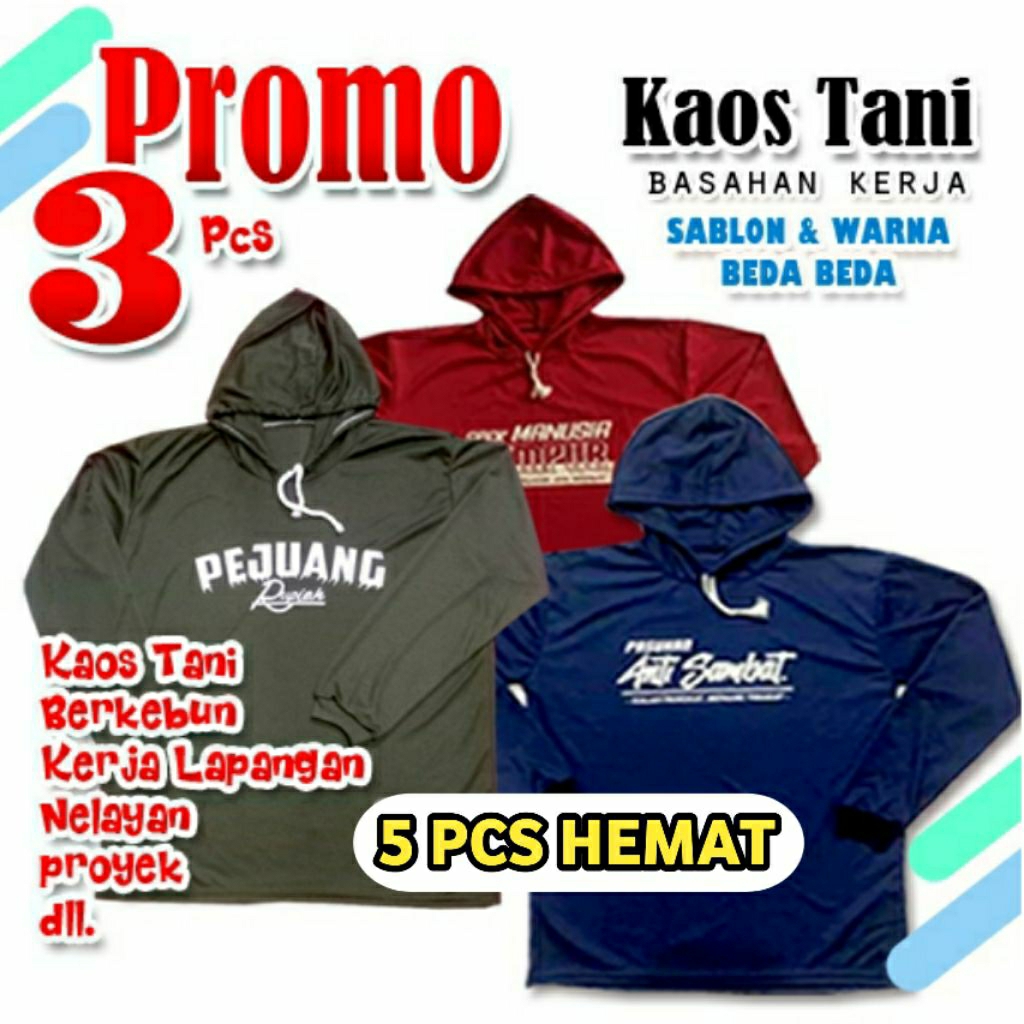 [Promo 3 Pcs] Kaos Sawah Lengan Panjang Kupluk Topi Pria Wanita/Kaos Sawahan Lengan Panjang