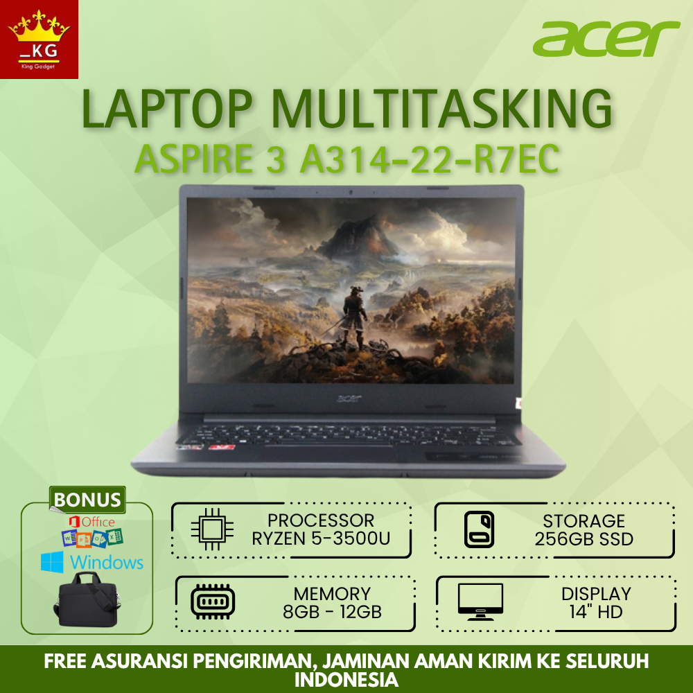 Laptop Gaming BARU Acer Aspire A314-R7EC Ryzen 5-3500U Ram 8Gb Ssd 256Gb Layar 14" Bonus Tas Murah