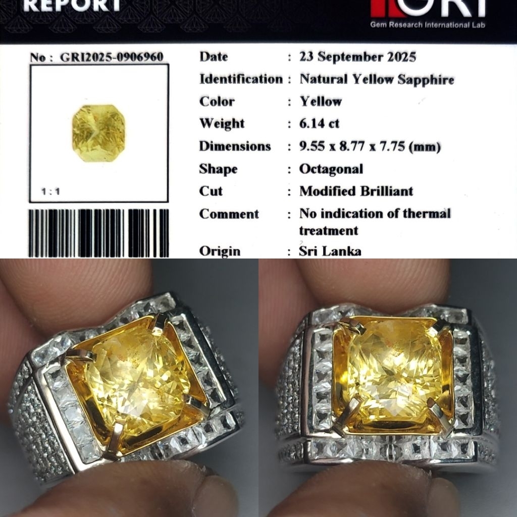 HQ HOT ITEM Natural Canary Yellow Sapphire Srilanka No Heated NH 6.1ct GRI Top Crystall Full Luster 