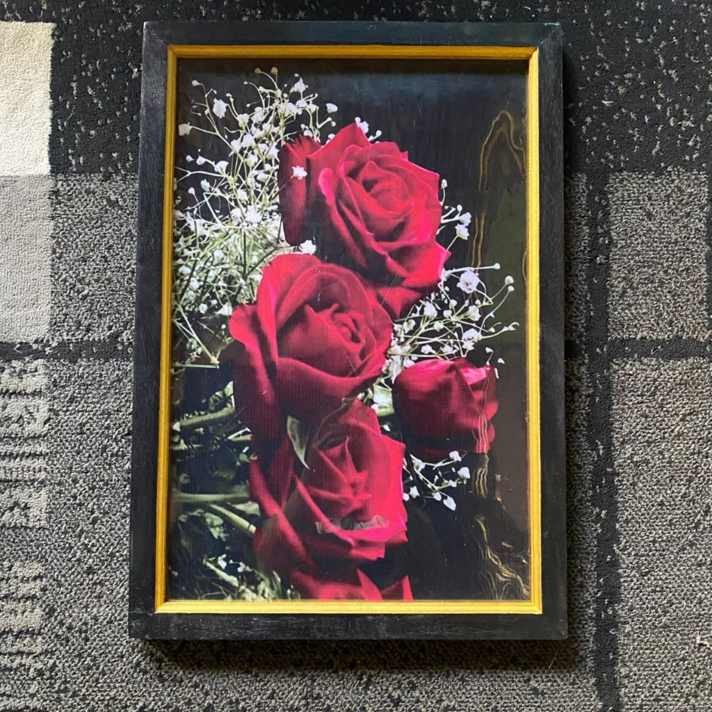 hiasan dinding gambar bunga mawar plus bingkai 65x45cm