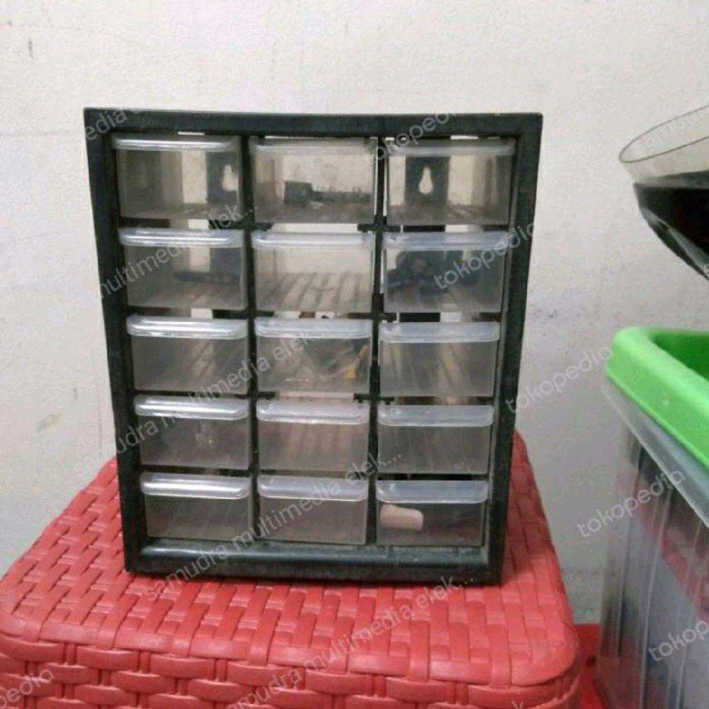 rak sparepart 5 susun atau rak kotak komponen elektronik 15slot ready juragan ku