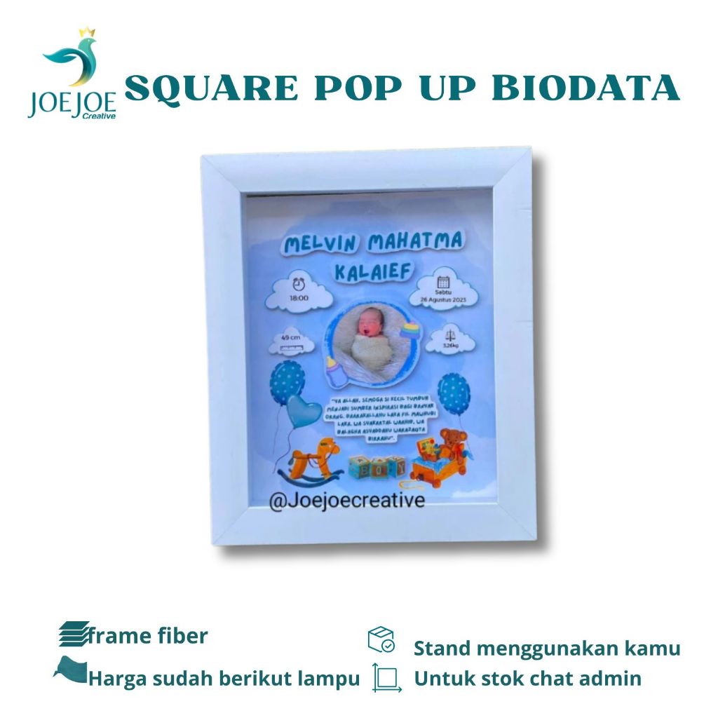 Square Pop Up Biodata Bayi | Baby Gift | Pop Up Frame | Frame Biodata Bayi 3D | Kado Kelahiran Bayi 