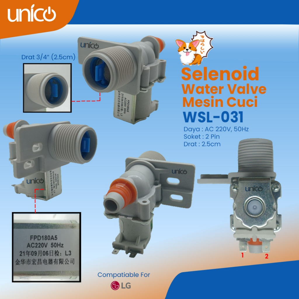 UNICO INDONESIA solenoid water valve mesin cuci LG inverter AC220V WSL-031