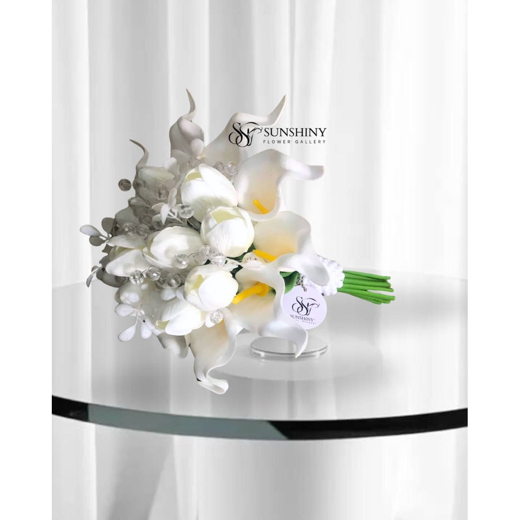 Buket Bunga Lily Calla & Tulip Putih Premium | Buket Pengantin Artificial Elegance