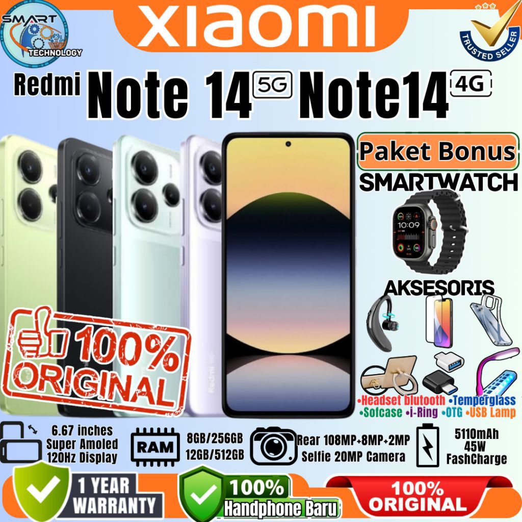 Hp Xiaomi Redmi Note 14 5G | Redmi Note 14 4G [ 12/512GB - 8/256GB ] 108Mp Kamera Super Jernih Baru 