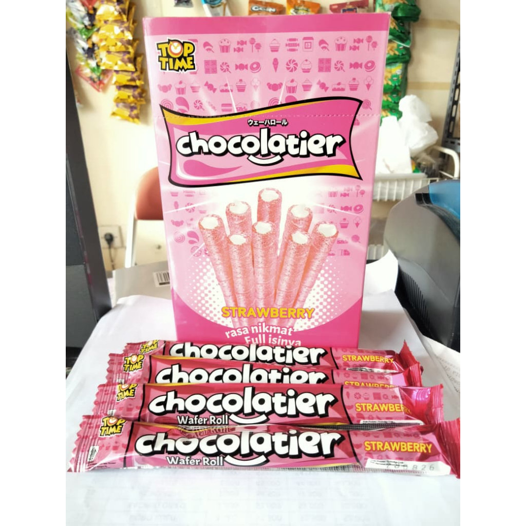 (1 BOX = 24 PCS) TOP TIME WAFER ROLL CHOCOLATIER RASA COKELAT RASA STROBERI
